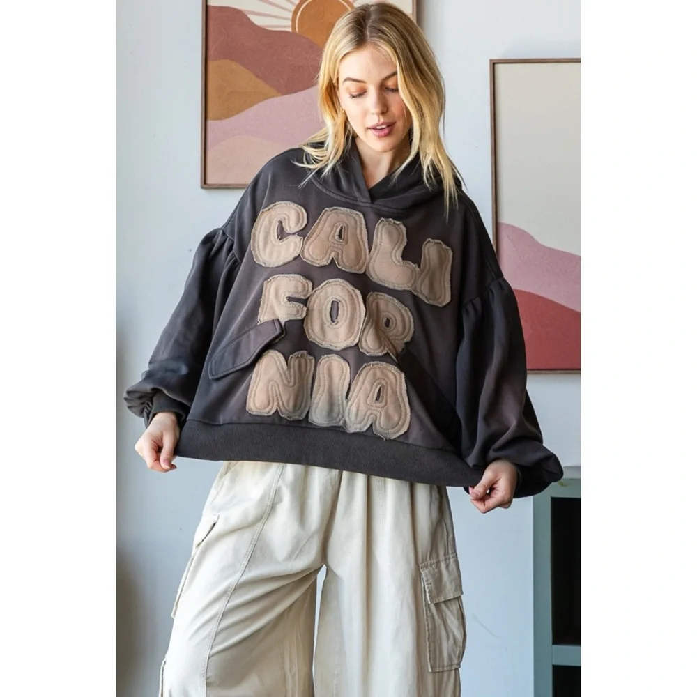 Oli & Hali Charcoal California Letter Patch Hoodie Sweatshirt - Picture 6 of 7